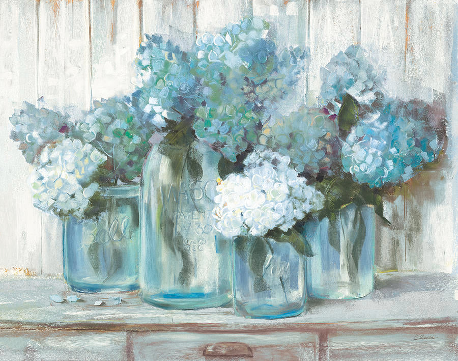 Hydrangeas in Glass Jars Blue - Carol Rowan